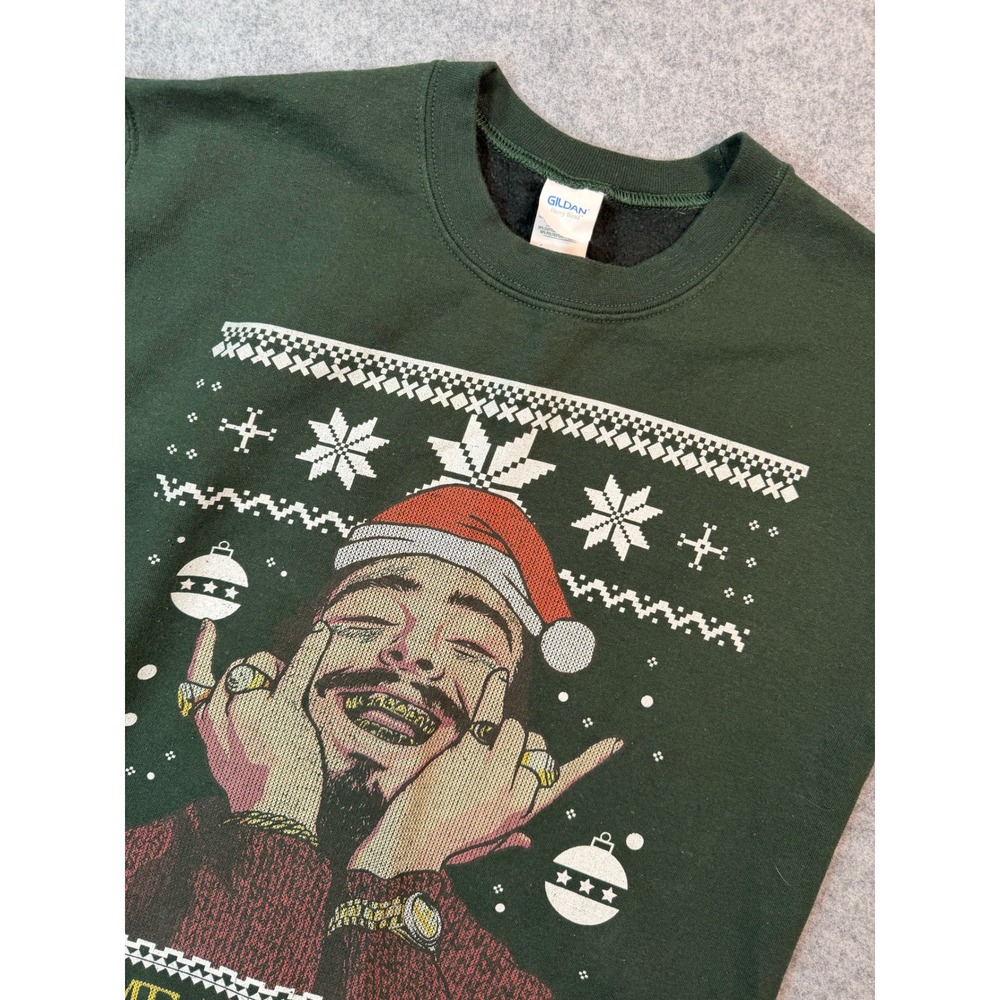Gildan Post Malone Home Malone Ugly Christmas Sweater Mens Small Green Crewneck